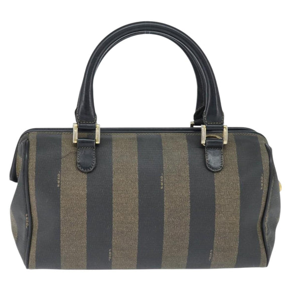 FENDI Pecan Canvas Boston Bag PVC Black Brown gold Auth 151068