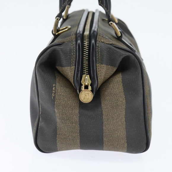 FENDI Pecan Canvas Boston Bag PVC Black Brown gold Auth 151068