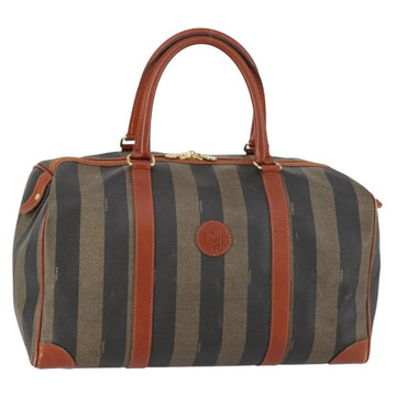 FENDI Pecan Canvas Boston Bag PVC Black Brown gold Auth 151069