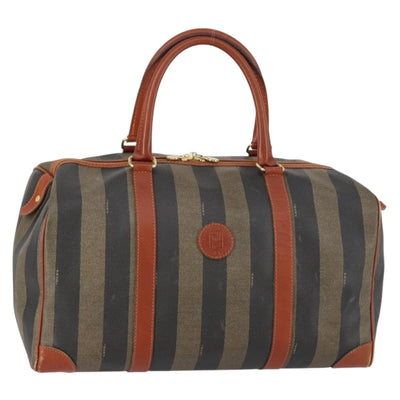 FENDI Pecan Canvas Boston Bag PVC Black Brown gold Auth 151069A