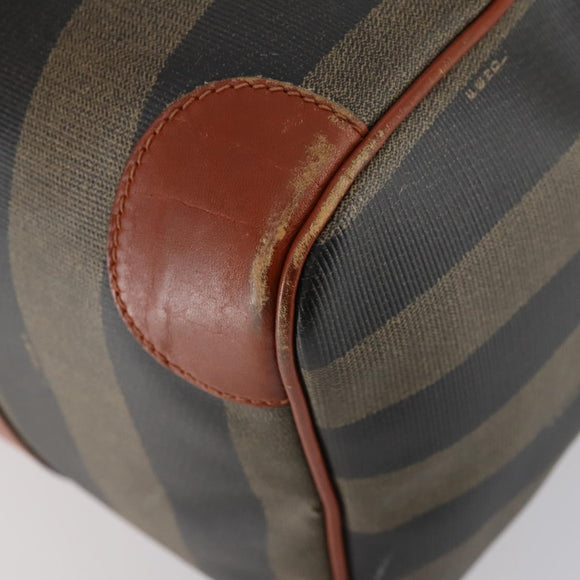 FENDI Pecan Canvas Boston Bag PVC Black Brown gold Auth 151069