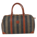 FENDI Pecan Canvas Boston Bag PVC Black Brown gold Auth 151069-13