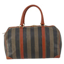FENDI Pecan Canvas Boston Bag PVC Black Brown gold Auth 151069-2