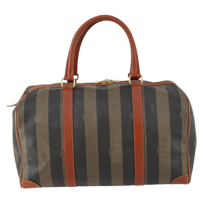 FENDI Pecan Canvas Boston Bag PVC Black Brown gold Auth 151069A - 0