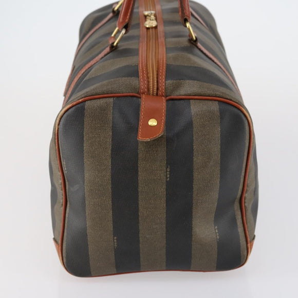 FENDI Pecan Canvas Boston Bag PVC Black Brown gold Auth 151069