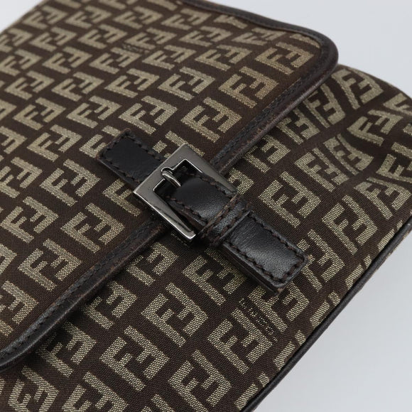 FENDI Zucchino Canvas Mamma Baguette Shoulder Bag Brown Silver Auth 151072