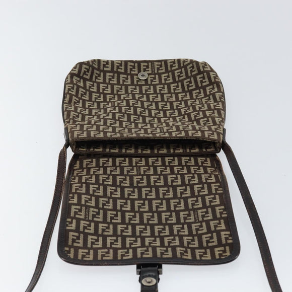 FENDI Zucchino Canvas Mamma Baguette Shoulder Bag Brown Silver Auth 151072