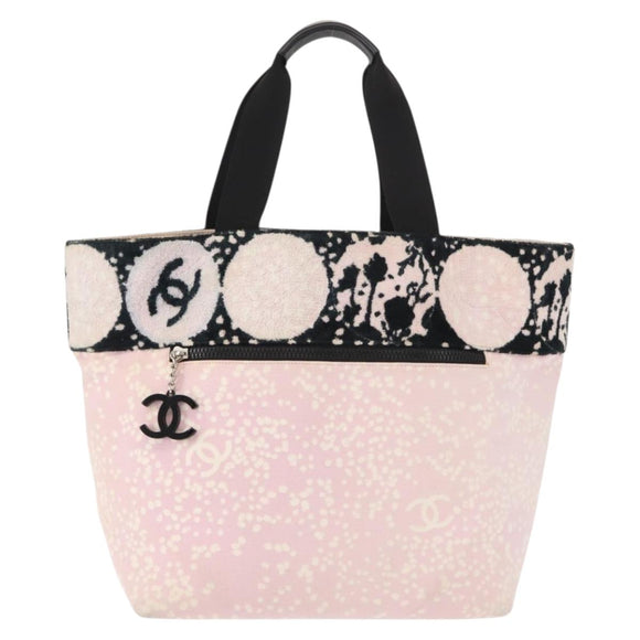 CHANEL High Summer Tote Bag Canvas Pink Silver CC Auth 151080