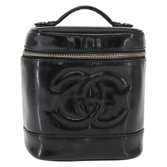 CHANEL COCO Mark Vanity Cosmetic Pouch Patent leather Black Gold CC Auth 151138