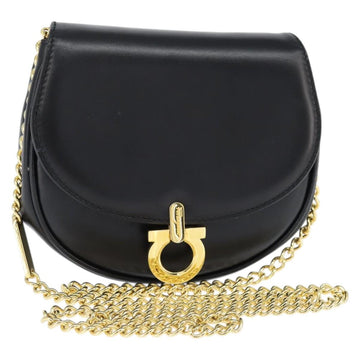 Salvatore Ferragamo Chain Gancini Shoulder Bag Leather Black Gold Auth 151140