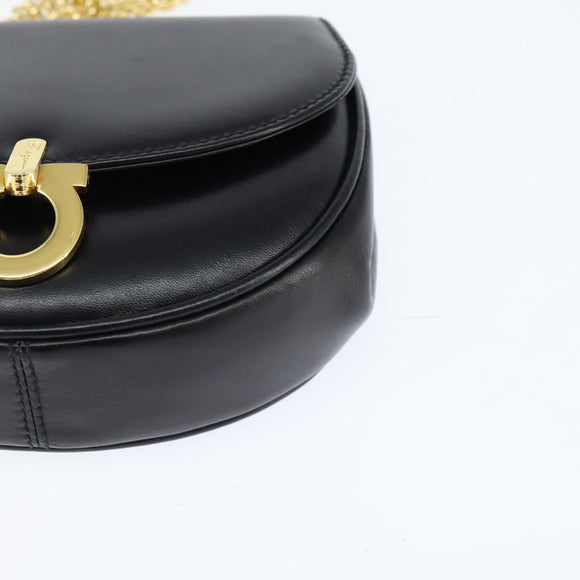 Salvatore Ferragamo Chain Gancini Shoulder Bag Leather Black Gold Auth 151140