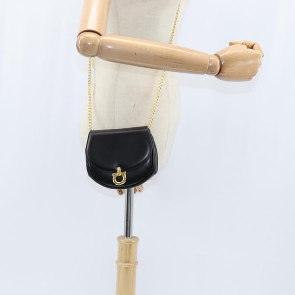 Salvatore Ferragamo Chain Gancini Shoulder Bag Leather Black Gold Auth 151140