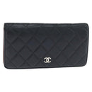 CHANEL Matelasse Long Wallet Lamb Skin Black Silver CC Auth 151173-1