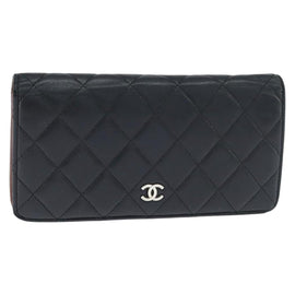 CHANEL Matelasse Long Wallet Lamb Skin Black Silver CC Auth 151173