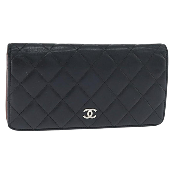 CHANEL Matelasse Long Wallet Lamb Skin Black Silver CC Auth 151173