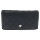 CHANEL Matelasse Long Wallet Lamb Skin Black Silver CC Auth 151173-2
