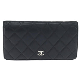 CHANEL Matelasse Long Wallet Lamb Skin Black Silver CC Auth 151173 - 0