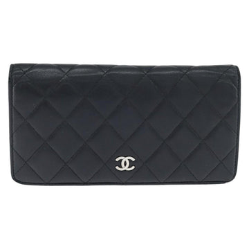 CHANEL Matelasse Long Wallet Lamb Skin Black Silver CC Auth 151173 - 0