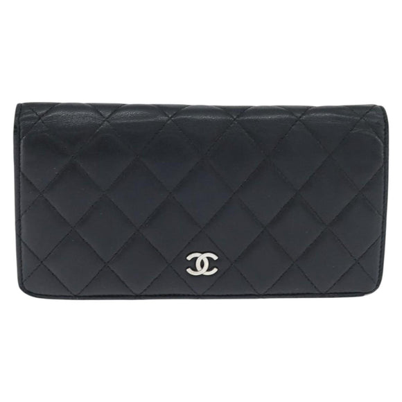 CHANEL Matelasse Long Wallet Lamb Skin Black Silver CC Auth 151173