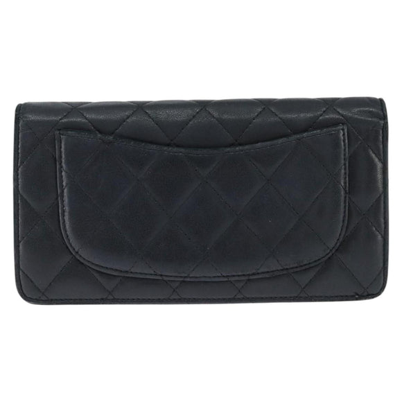 CHANEL Matelasse Long Wallet Lamb Skin Black Silver CC Auth 151173