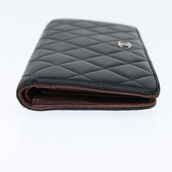 CHANEL Matelasse Long Wallet Lamb Skin Black Silver CC Auth 151173