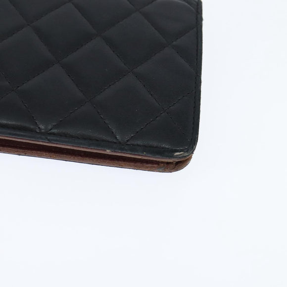 CHANEL Matelasse Long Wallet Lamb Skin Black Silver CC Auth 151173