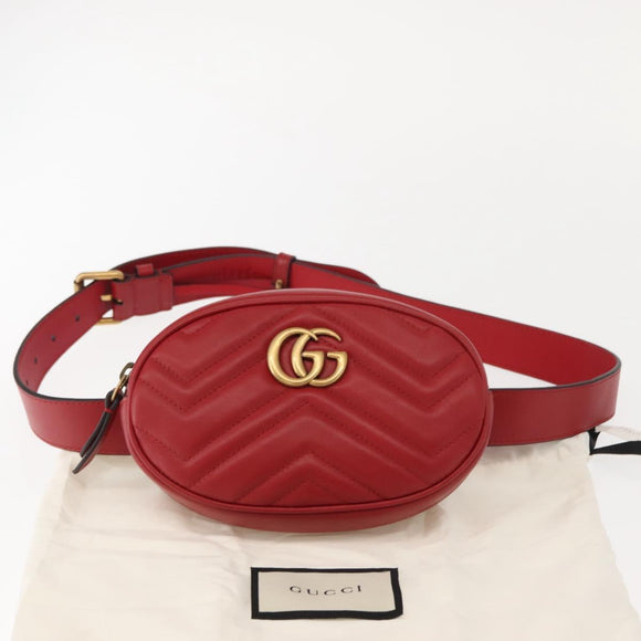 GUCCI GG Marmont Waist Bag Leather Red Gold 476434 Auth 151177M