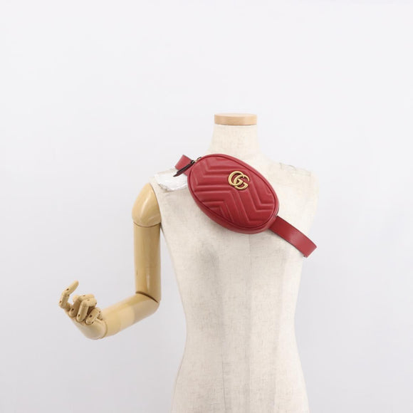 GUCCI GG Marmont Waist Bag Leather Red Gold 476434 Auth 151177M