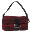 FENDI Zucchino Canvas Mamma Baguette Shoulder Bag Red Silver Auth 151195SAM-1