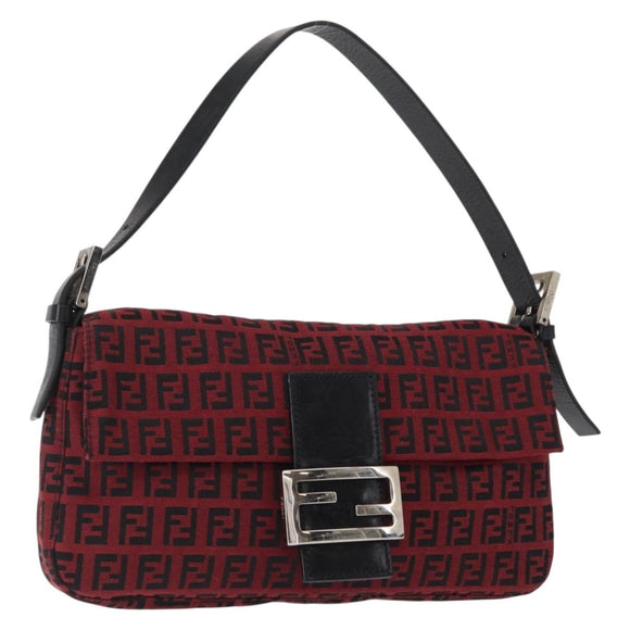 FENDI Zucchino Canvas Mamma Baguette Shoulder Bag Red Silver Auth 151195SAM