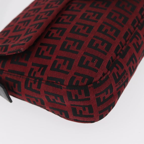 FENDI Zucchino Canvas Mamma Baguette Shoulder Bag Red Silver Auth 151195SAM