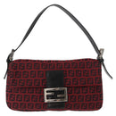 FENDI Zucchino Canvas Mamma Baguette Shoulder Bag Red Silver Auth 151195SAM-13