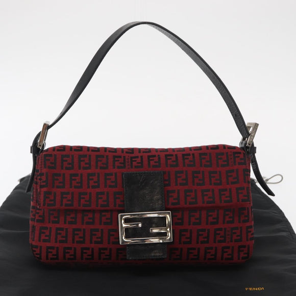FENDI Zucchino Canvas Mamma Baguette Shoulder Bag Red Silver Auth 151195SAM