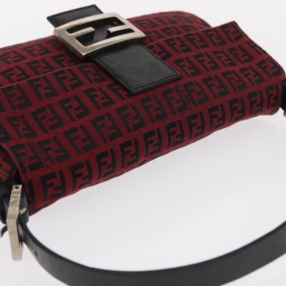 FENDI Zucchino Canvas Mamma Baguette Shoulder Bag Red Silver Auth 151195SAM
