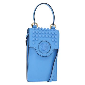 VERSACE Phone Pouch Shoulder Bag Leather 2way Light Blue Gold Auth 151198V