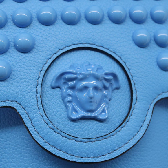 VERSACE Phone Pouch Shoulder Bag Leather 2way Light Blue Gold Auth 151198V
