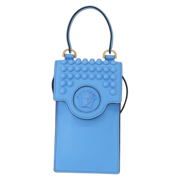 VERSACE Phone Pouch Shoulder Bag Leather 2way Light Blue Gold Auth 151198V