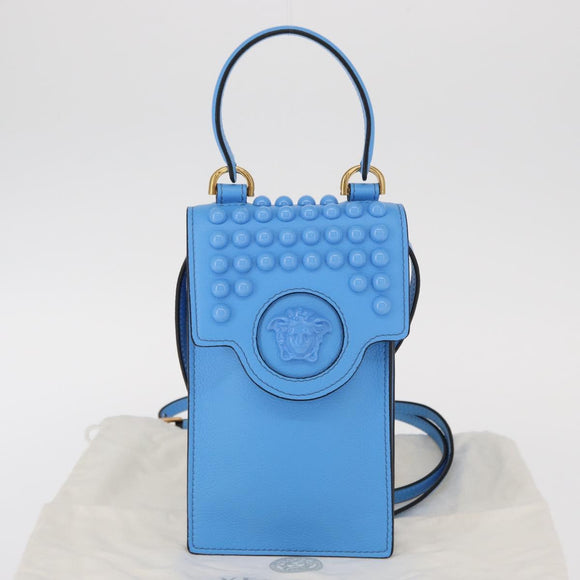 VERSACE Phone Pouch Shoulder Bag Leather 2way Light Blue Gold Auth 151198V