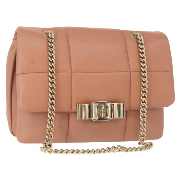 Salvatore Ferragamo Vala Chain Shoulder Bag Leather Pink Gold Auth 151237