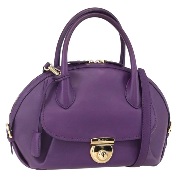Salvatore Ferragamo Gancini Hand Bag Leather 2way Purple Gold Auth 151259