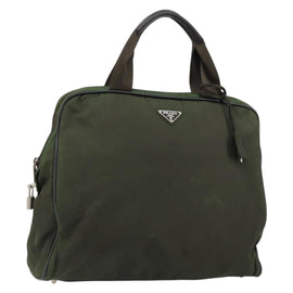 PRADA Hand Bag Nylon Khaki Silver Auth 151267