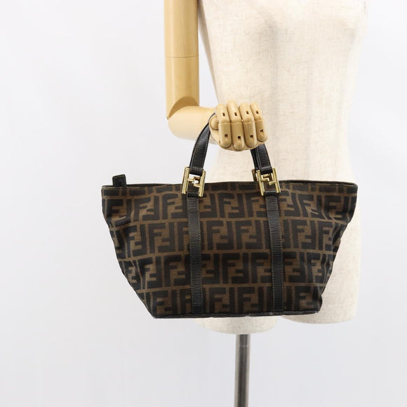 FENDI Zucca Canvas Hand Bag Black Brown gold Auth 151275
