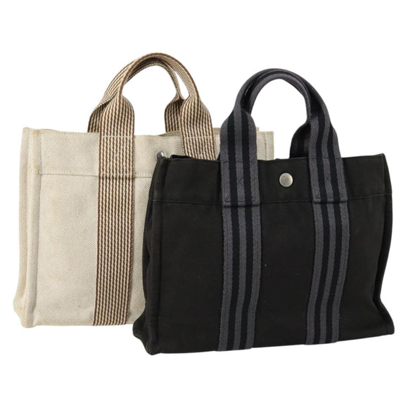 HERMES Bag Canvas 2 Set Black Light Beige Auth 151314