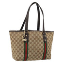 GUCCI GG Canvas Web Sherry Line Tote Bag Beige Gold Red 137396 Auth 151333-1