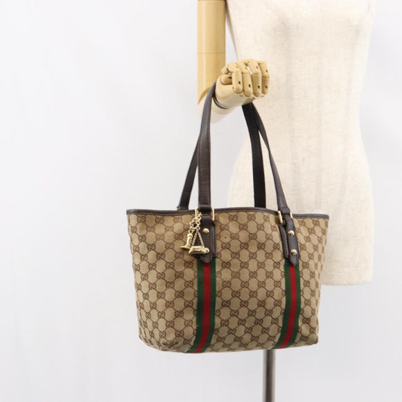 GUCCI GG Canvas Web Sherry Line Tote Bag Beige Gold Red 137396 Auth 151333