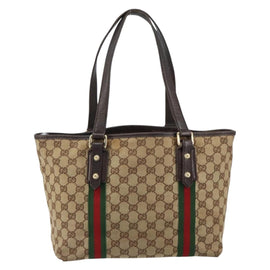 GUCCI GG Canvas Web Sherry Line Tote Bag Beige Gold Red 137396 Auth 151333 - 0