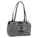 FENDI Zucchino Canvas Hand Bag Navy Silver Auth 151349-1