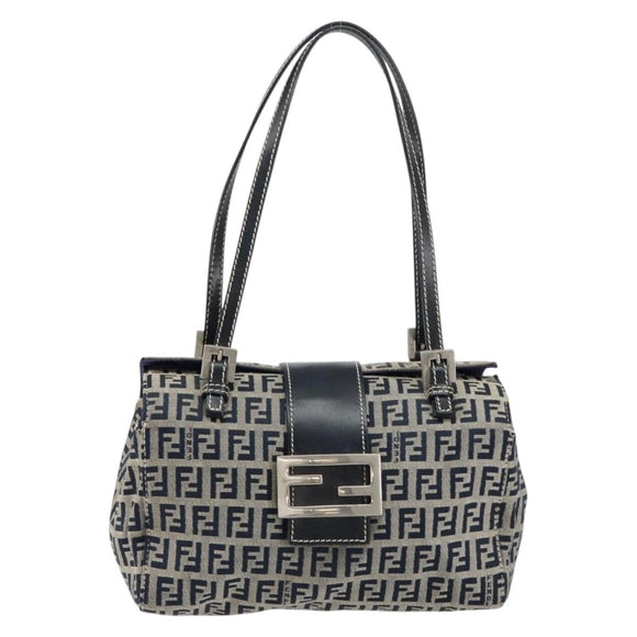 FENDI Zucchino Canvas Hand Bag Navy Silver Auth 151349