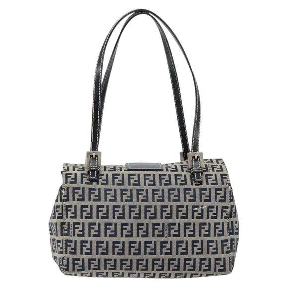 FENDI Zucchino Canvas Hand Bag Navy Silver Auth 151349
