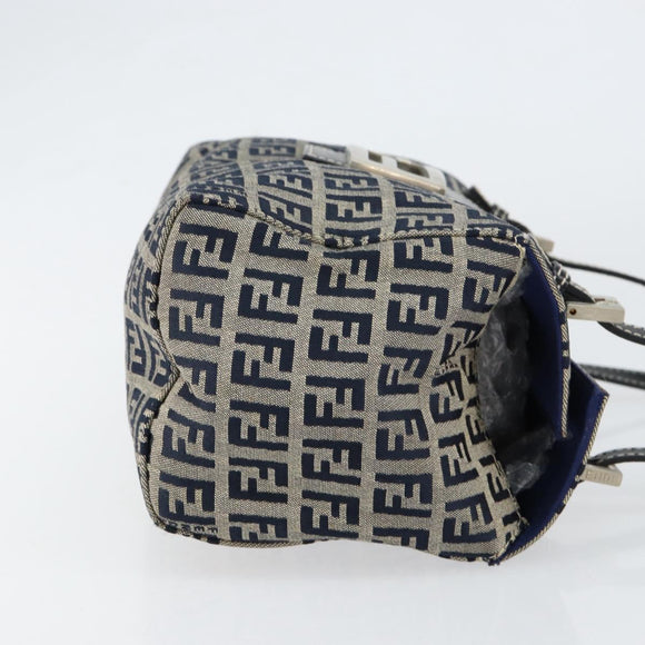 FENDI Zucchino Canvas Hand Bag Navy Silver Auth 151349